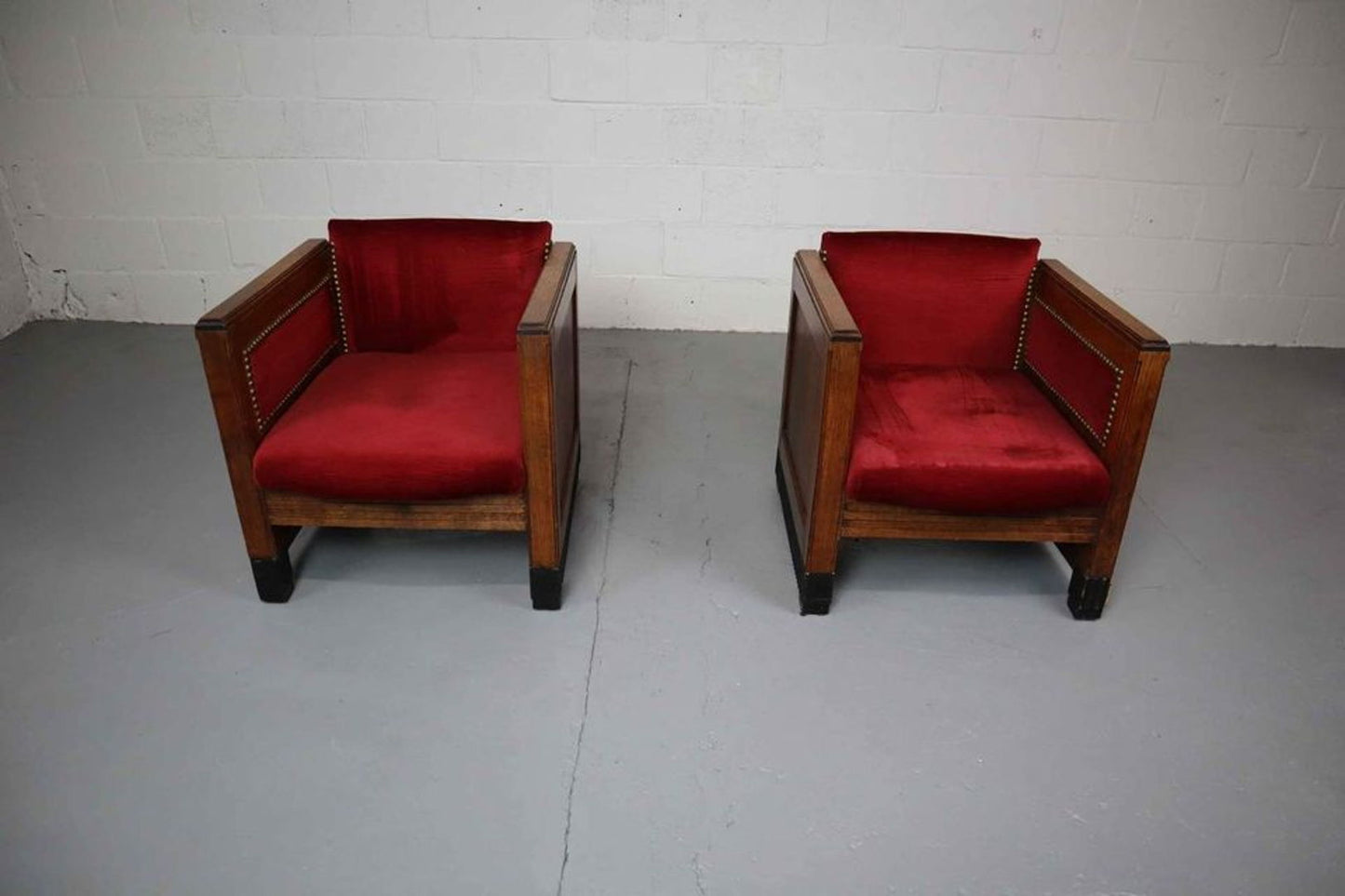 Art Deco Amsterdamse School Oak and Velours Armchairs