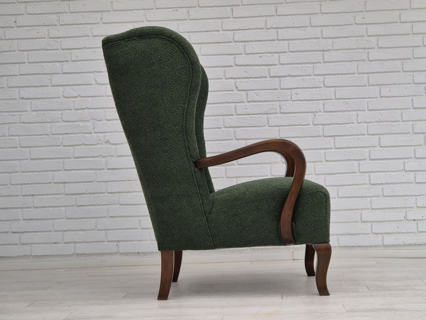 1950s, Danish design, restored high-back wingback chair, bottle green, beech wood.