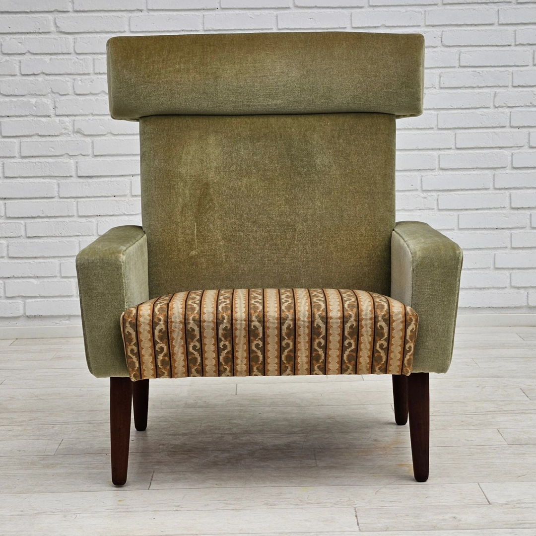 1970s, Danish armchair, original condition, furniture velour, woven wool fabric, teakwood.