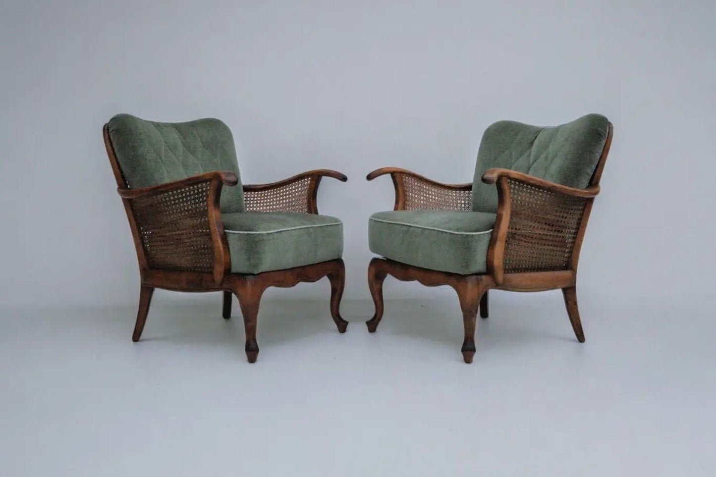 1950s, a pair of Danish armchairs in original condition, velour, ash wood, furniture mesh.