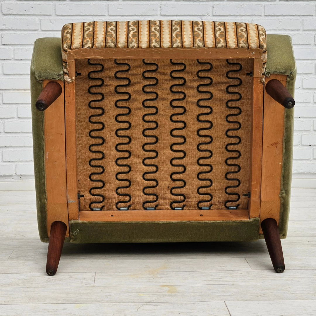 1970s, Danish armchair, original condition, furniture velour, woven wool fabric, teakwood.