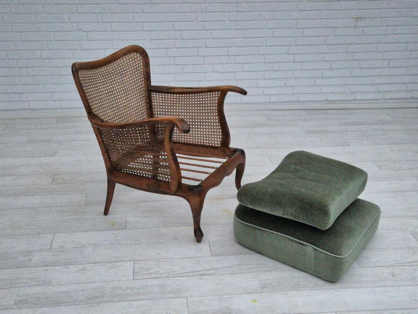 1950s, a pair of Danish armchairs in original condition, velour, ash wood, furniture mesh.