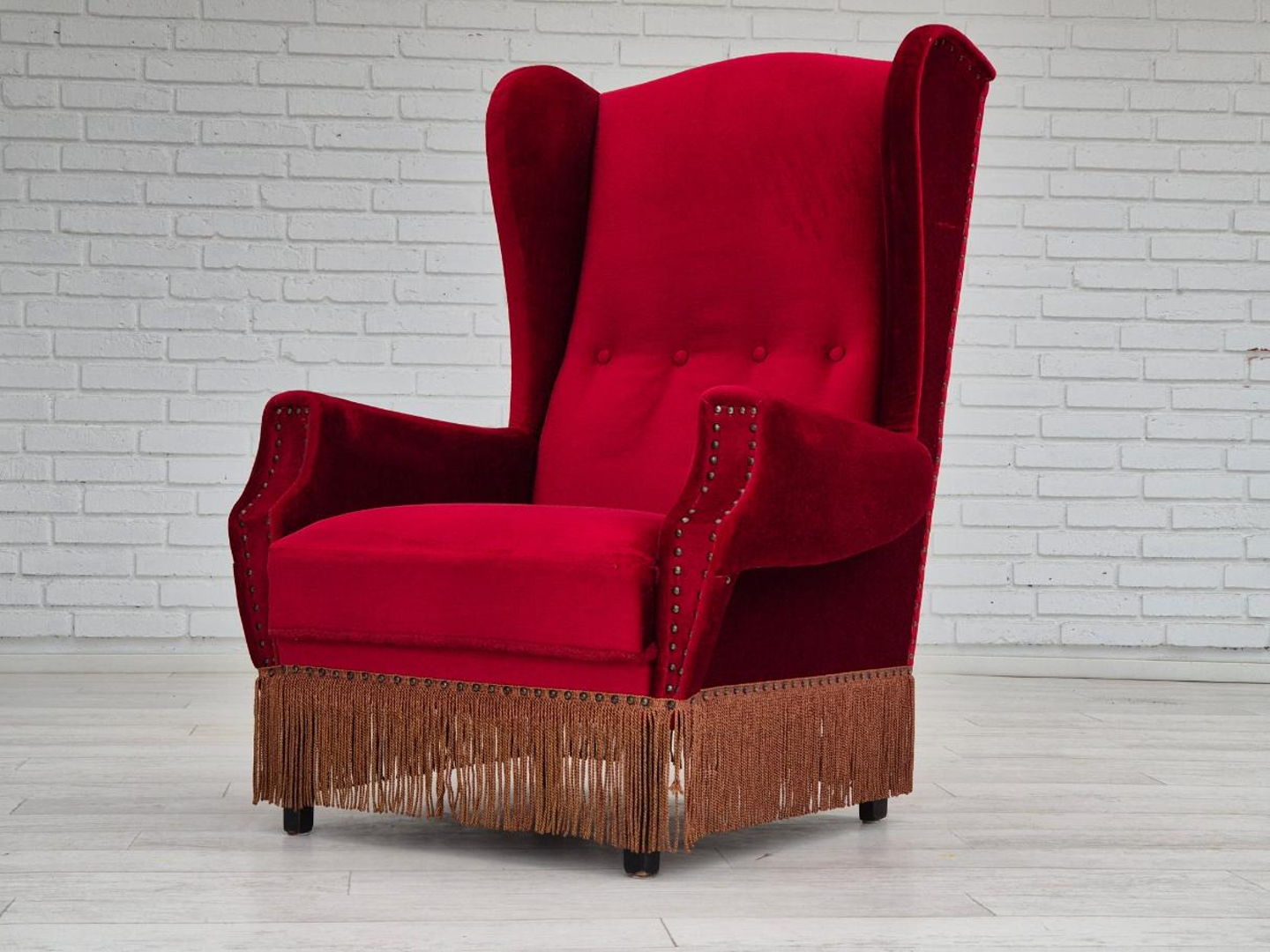 1960s, Danish wingback armchair, original, furniture velour, oak wood legs