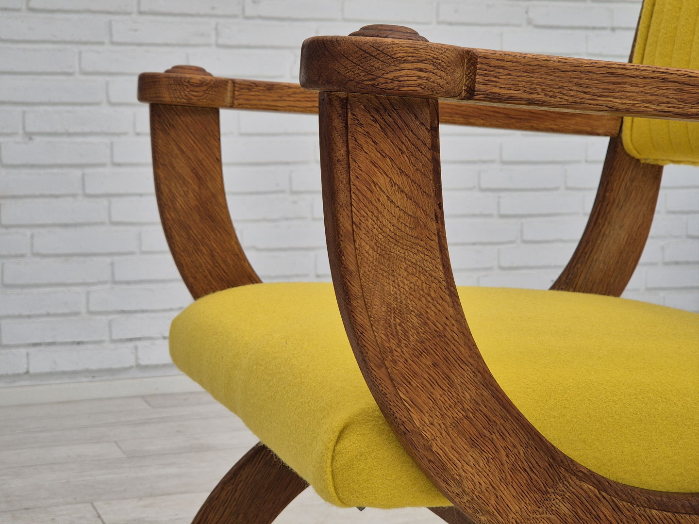 1950s, reupholstered Danish armchair, Gabriel furniture wool, oak wood.