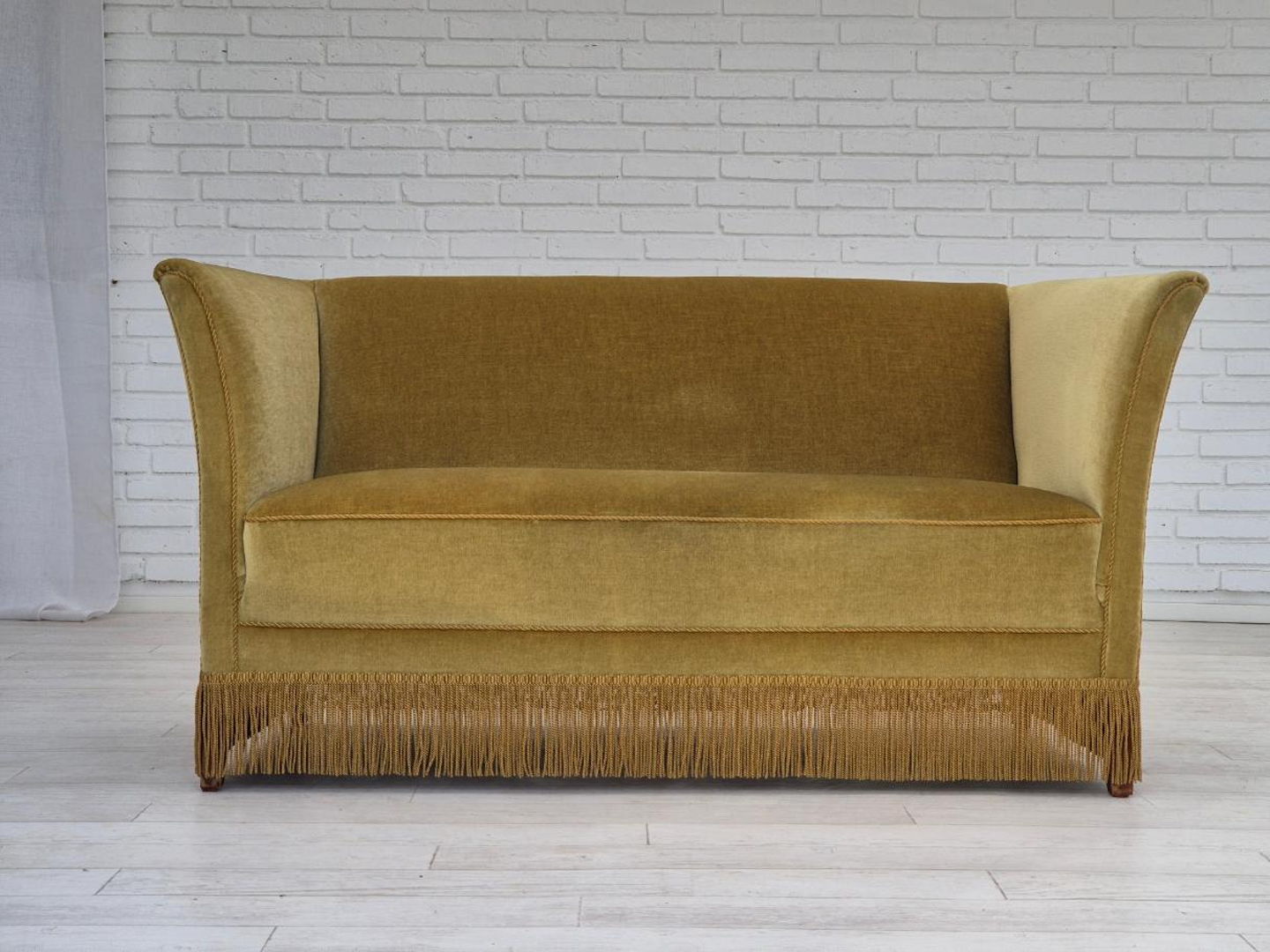 1970s, Danish 2 seater sofa, original condition, light green velour, beech wood legs.