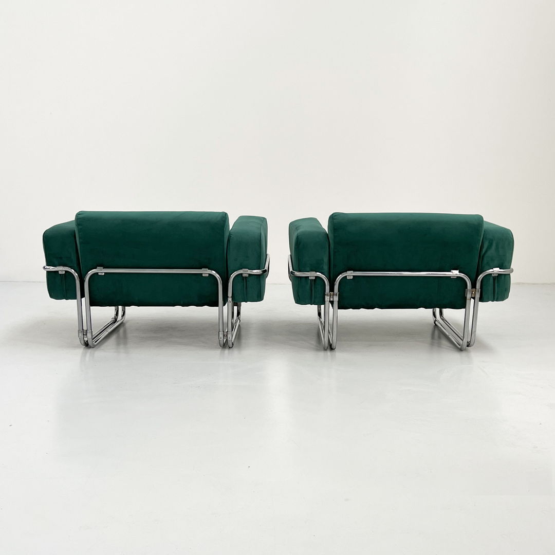 Pair of Green Velvet Armchairs in Chromed Tubular Frame, 1970s