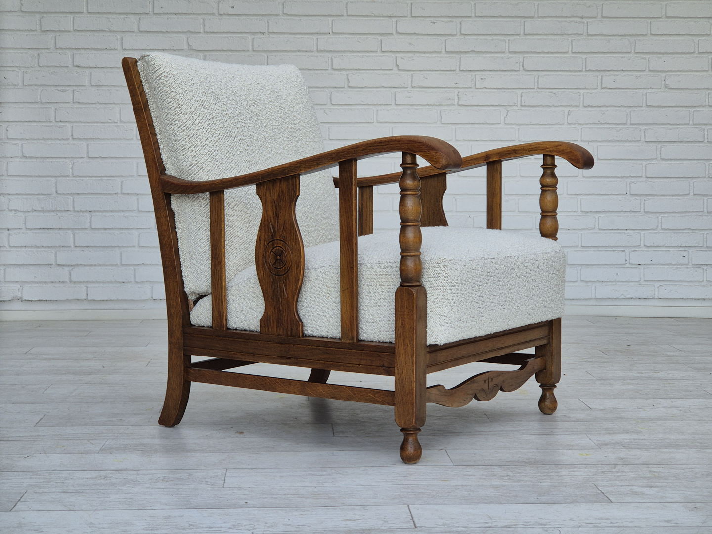 1950s, Scandinavian design, reupholstered armchair, white/light gray fabric, oak wood.