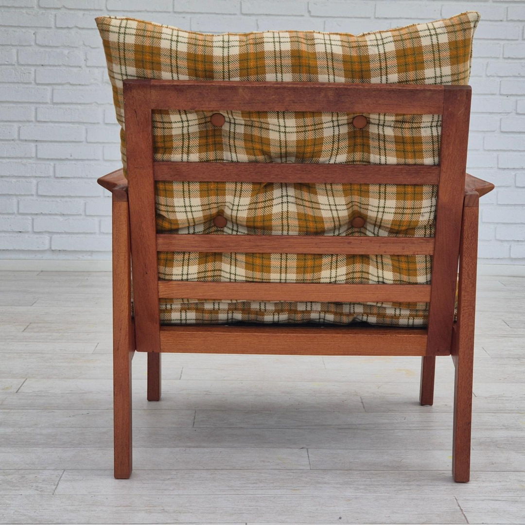 1970s, Danish lounge chair, original condition, furniture wool fabric, teak wood.