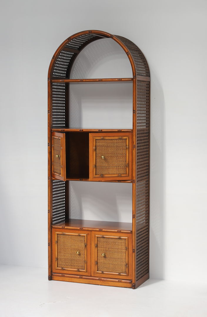 Pair of bohemian rattan bookcases with arch top and brass details 1970