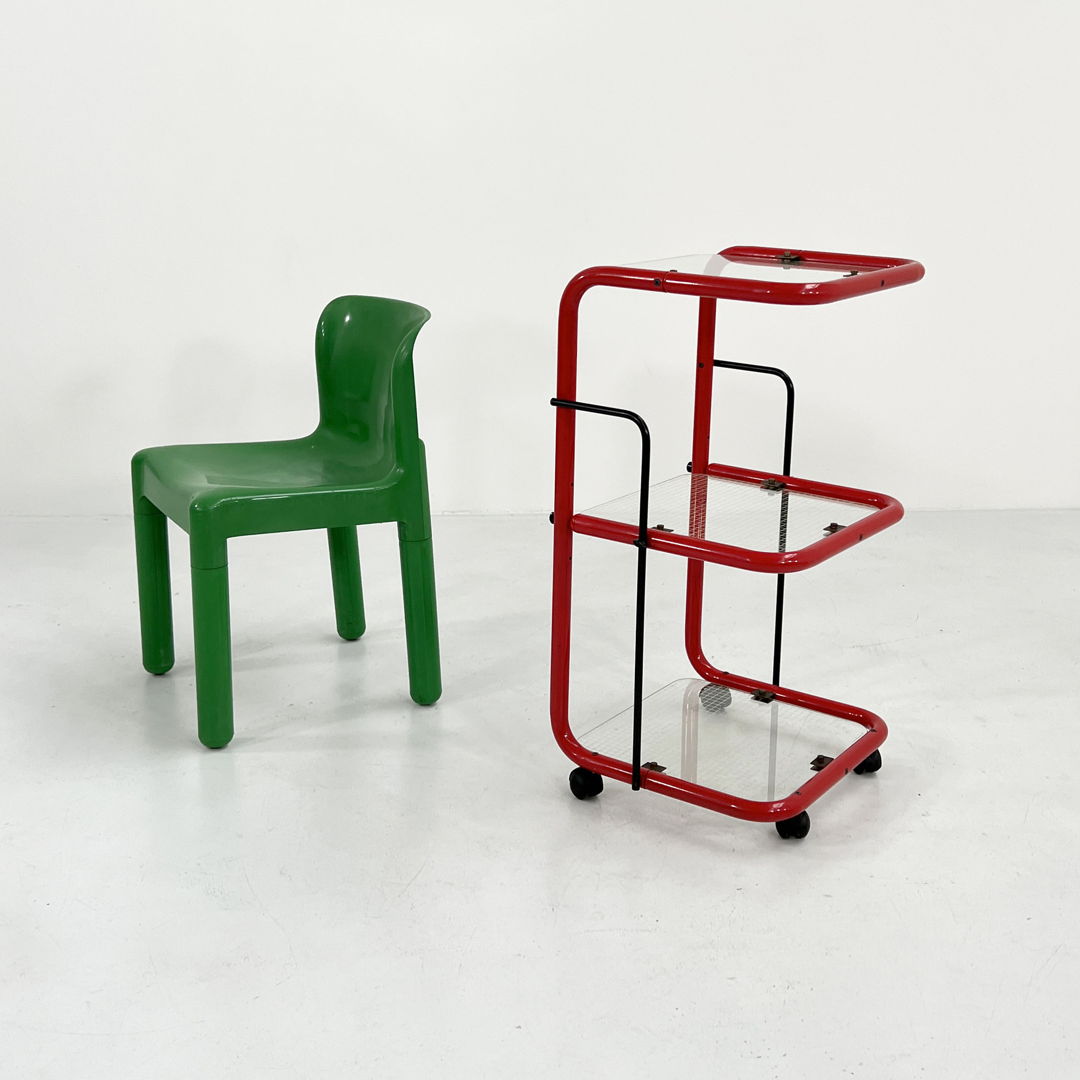 Red Postmodern Shelf/Trolley with Quaderna Pattern, 1980s