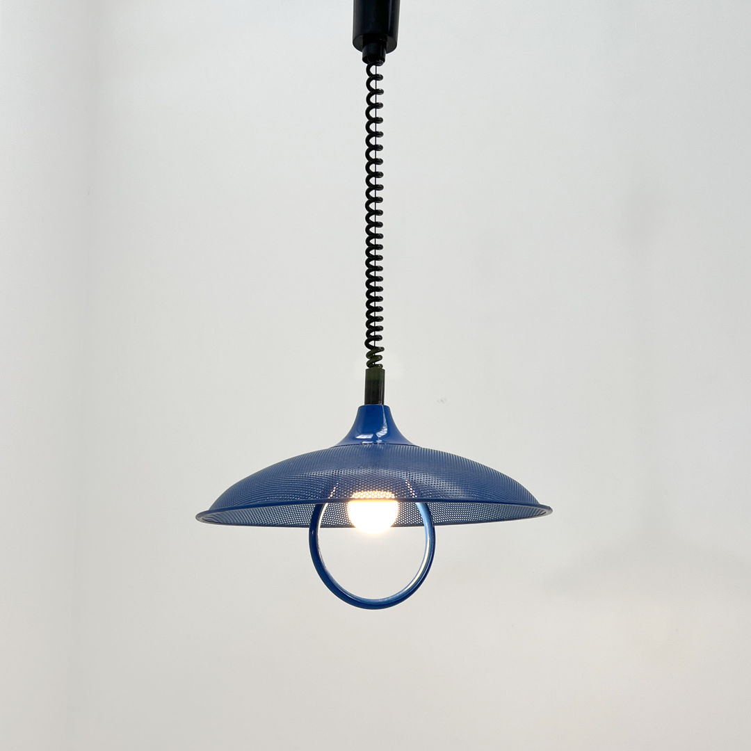 Blue Adjustable Pendant Light in Perforated Metal, 1980s