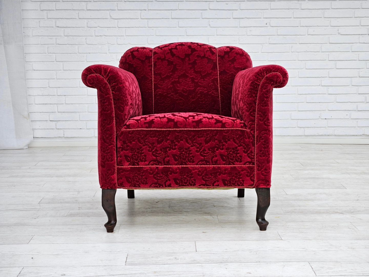 1950s, Danish lounge chair, red cotton/wool fabric, beech wood.