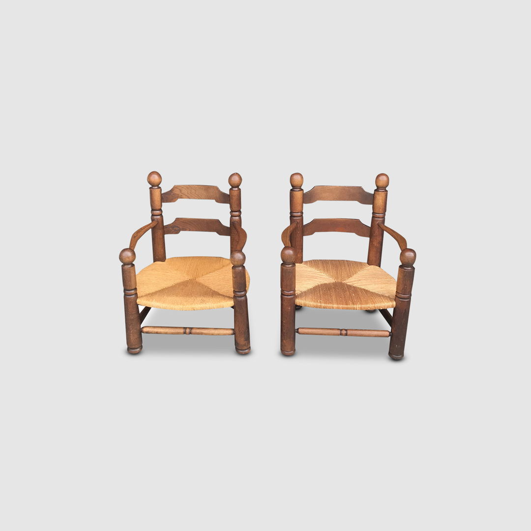 Oak and wicker Fireside armchair by Charles Dudouyt France 1950s, set of 2