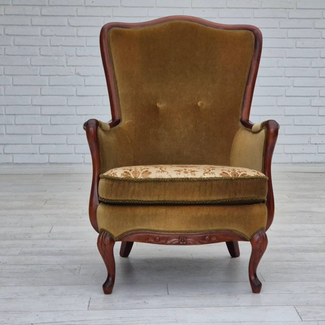 1950s, Danish highback armchair, original upholstery, green velour.