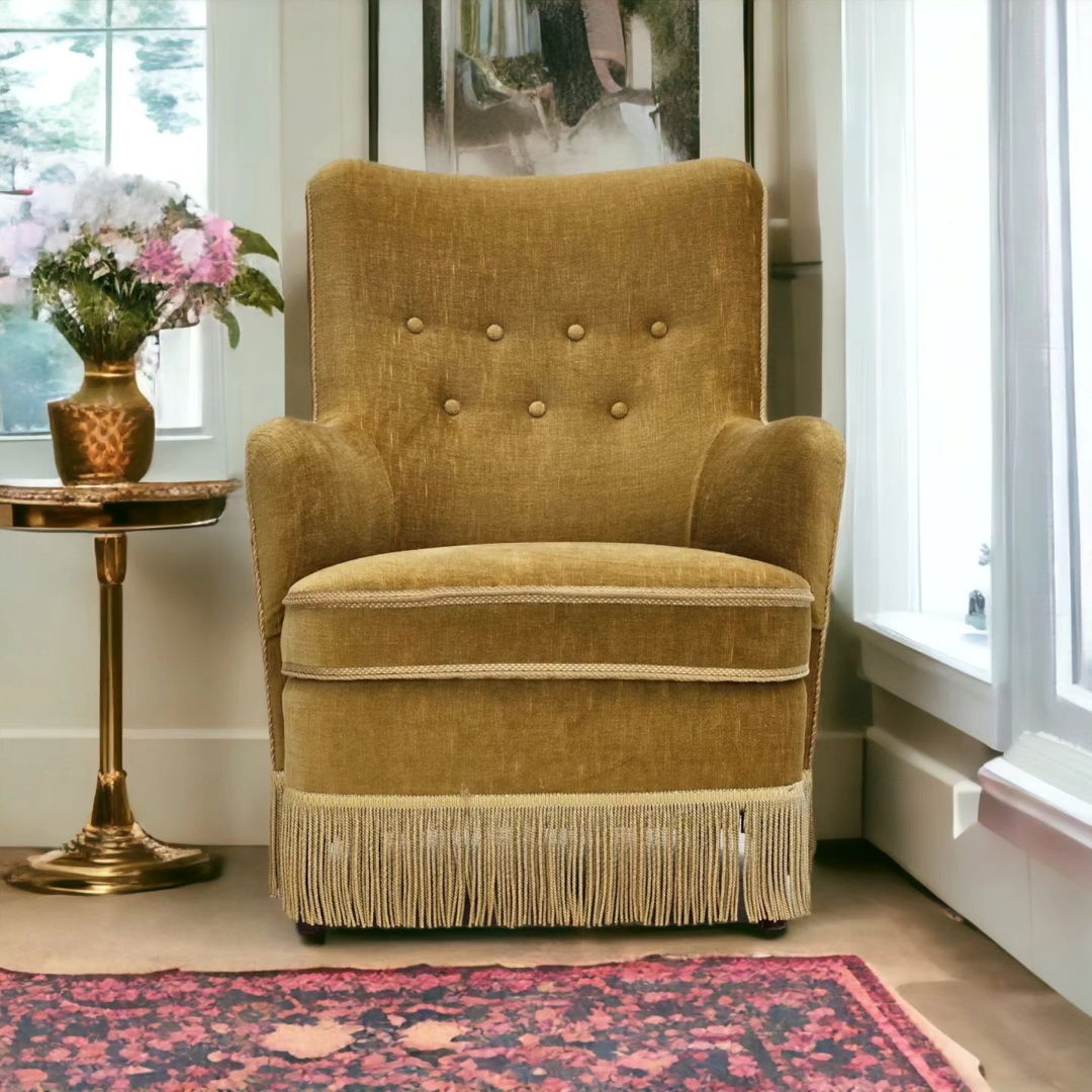 1960s, Danish armchair, original upholstery, light green velour.