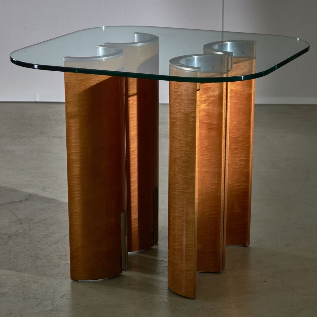 Glass Table with Bent Legs and Chrome Details