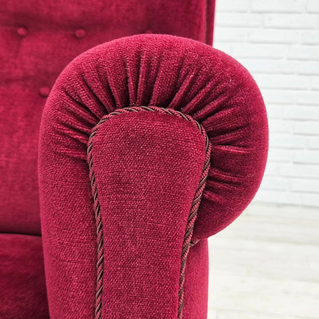 1950s, Danish vintage armchair in cherry-red velvet, original condition.