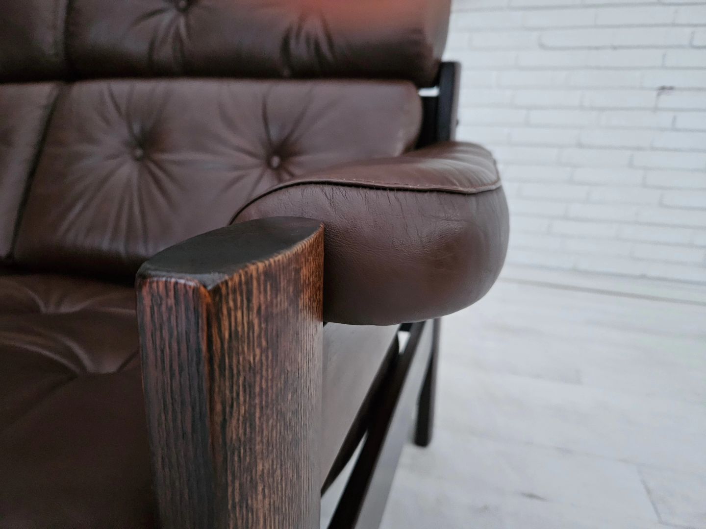 1970s, Danish 3 seater sofa, original good condition, leather, oak wood.