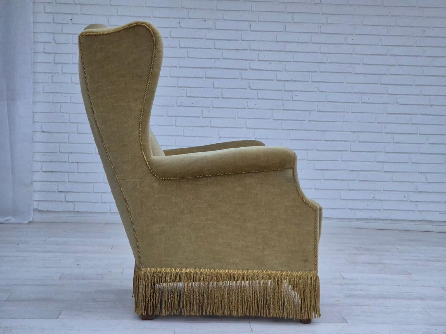 1970s, Danish design, wingback armchair, original condition, furniture velour, beech wood legs.