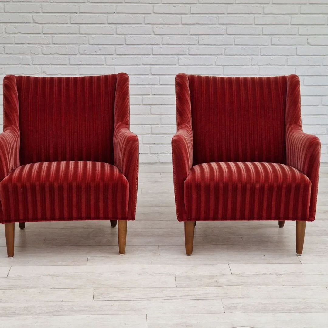 1960s, Danish design, set of 2 armchairs, velour, original very good condition.