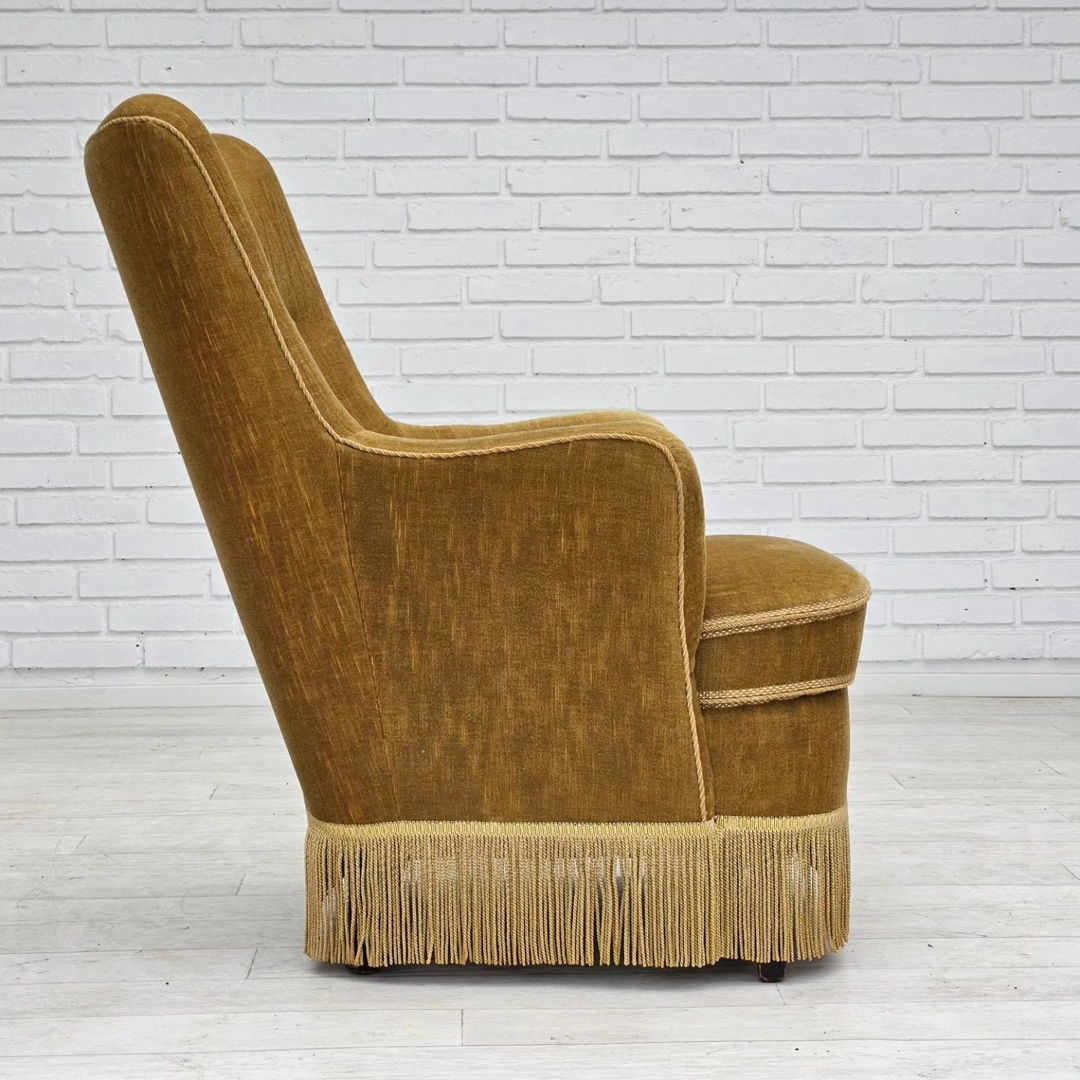 1960s, Danish armchair, original upholstery, light green velour.