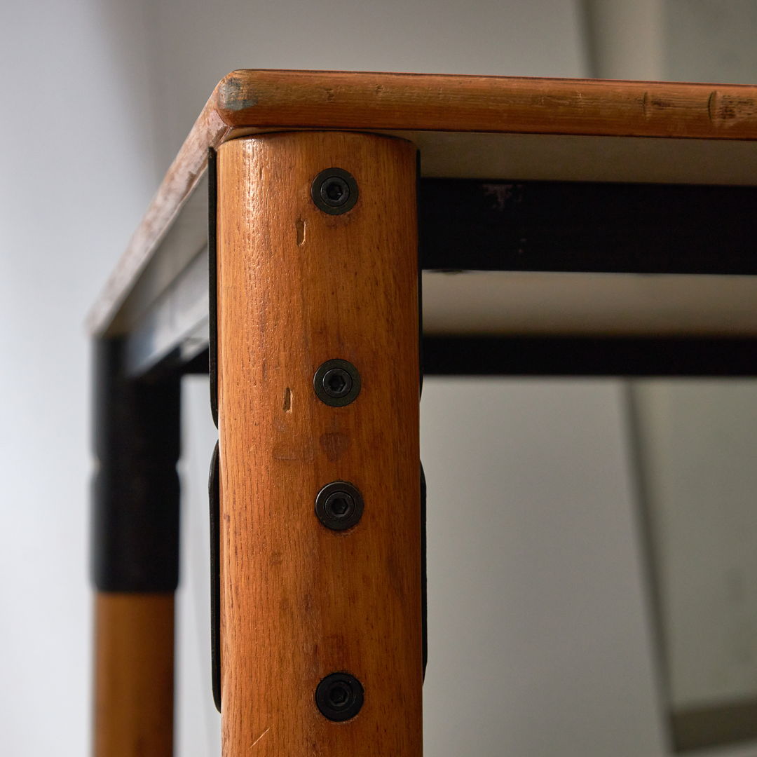 Large Wooden Table with Matte Colour Top and Metal Elements