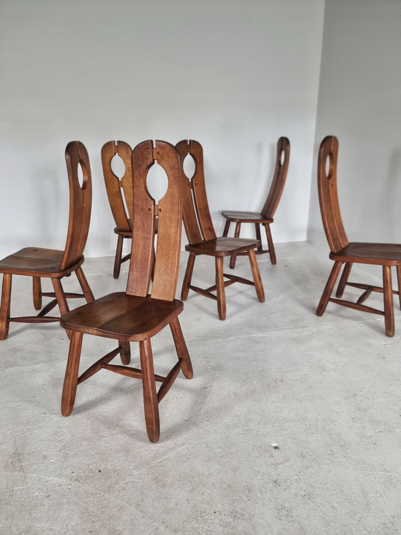 Mid-Century Set of 6 De Puydt High Back Oak Brutalist Dining Chairs