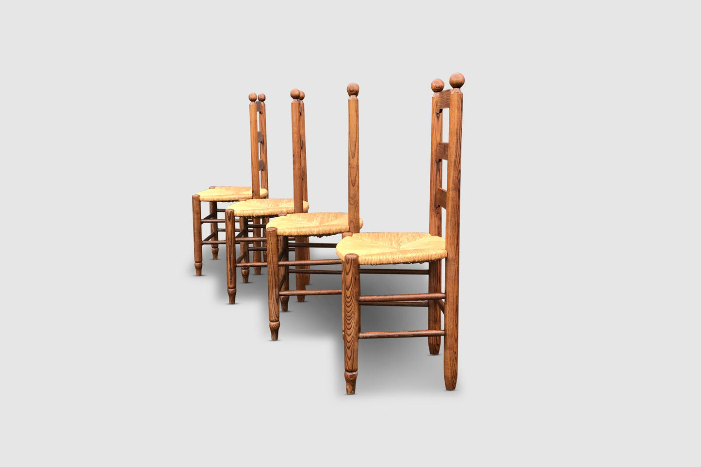 Rustic oak and wicker dining chair Georges Robert France 1960s, set of 4