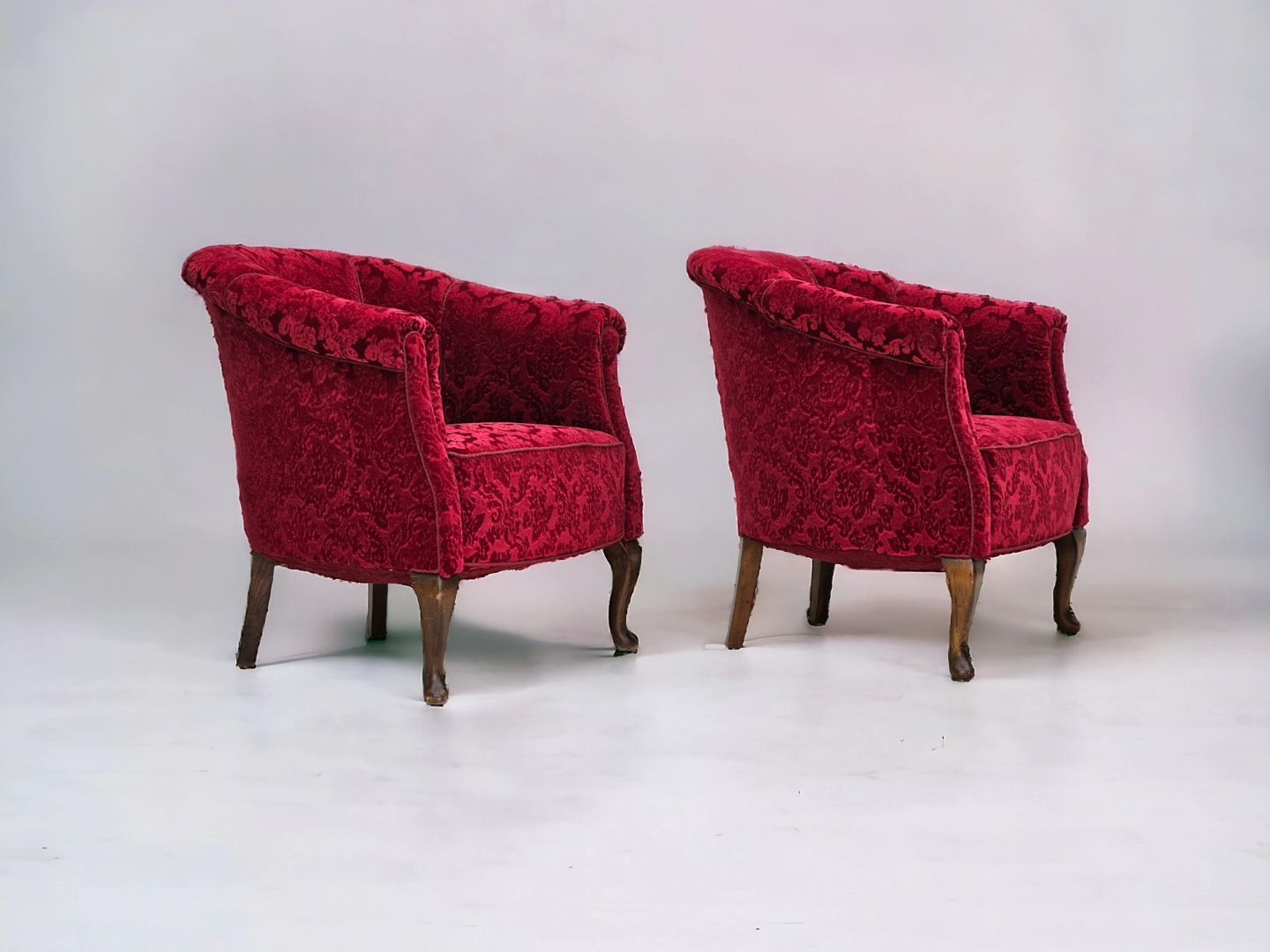 1950s, pair of Danish lounge chairs, red cotton/wool fabric.