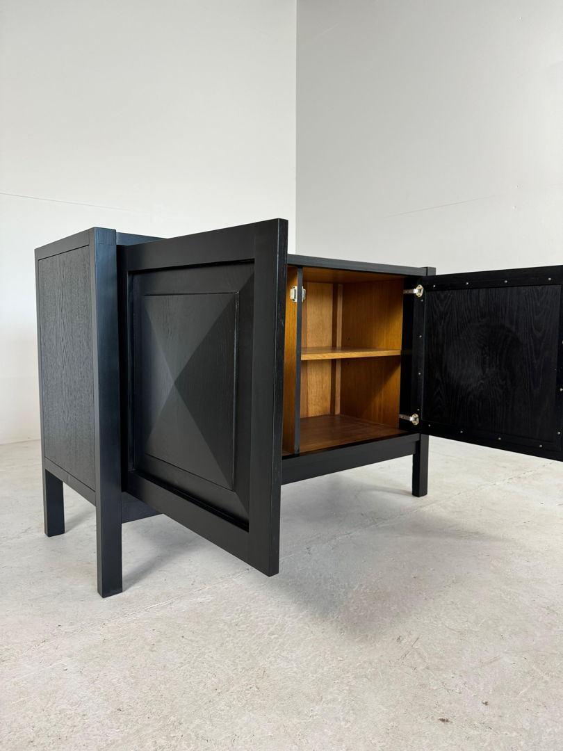 Mid-Century black cabinet with graphical brutalist doors by Defour, Belgium