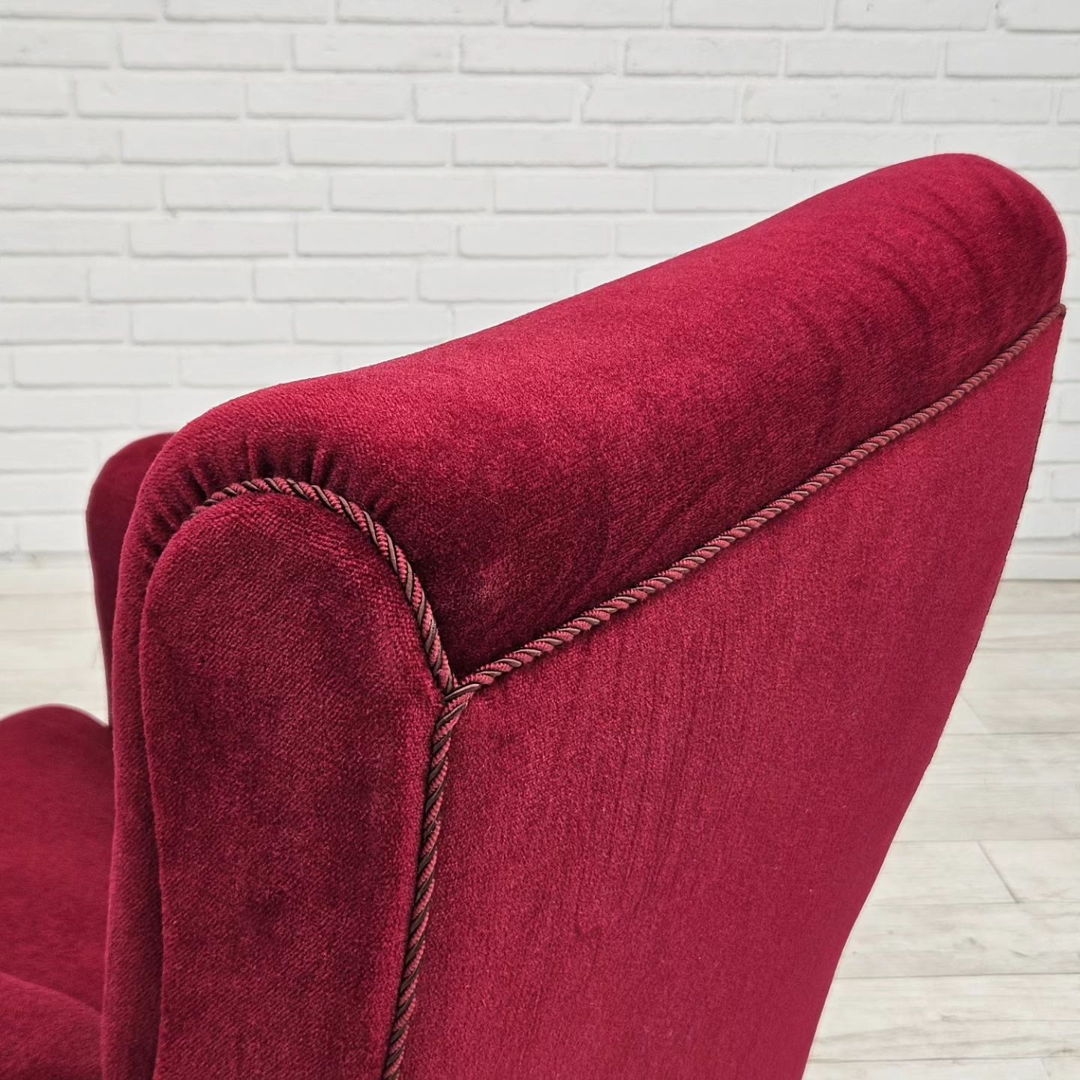 1950s, Danish vintage armchair in cherry-red velvet, original condition.