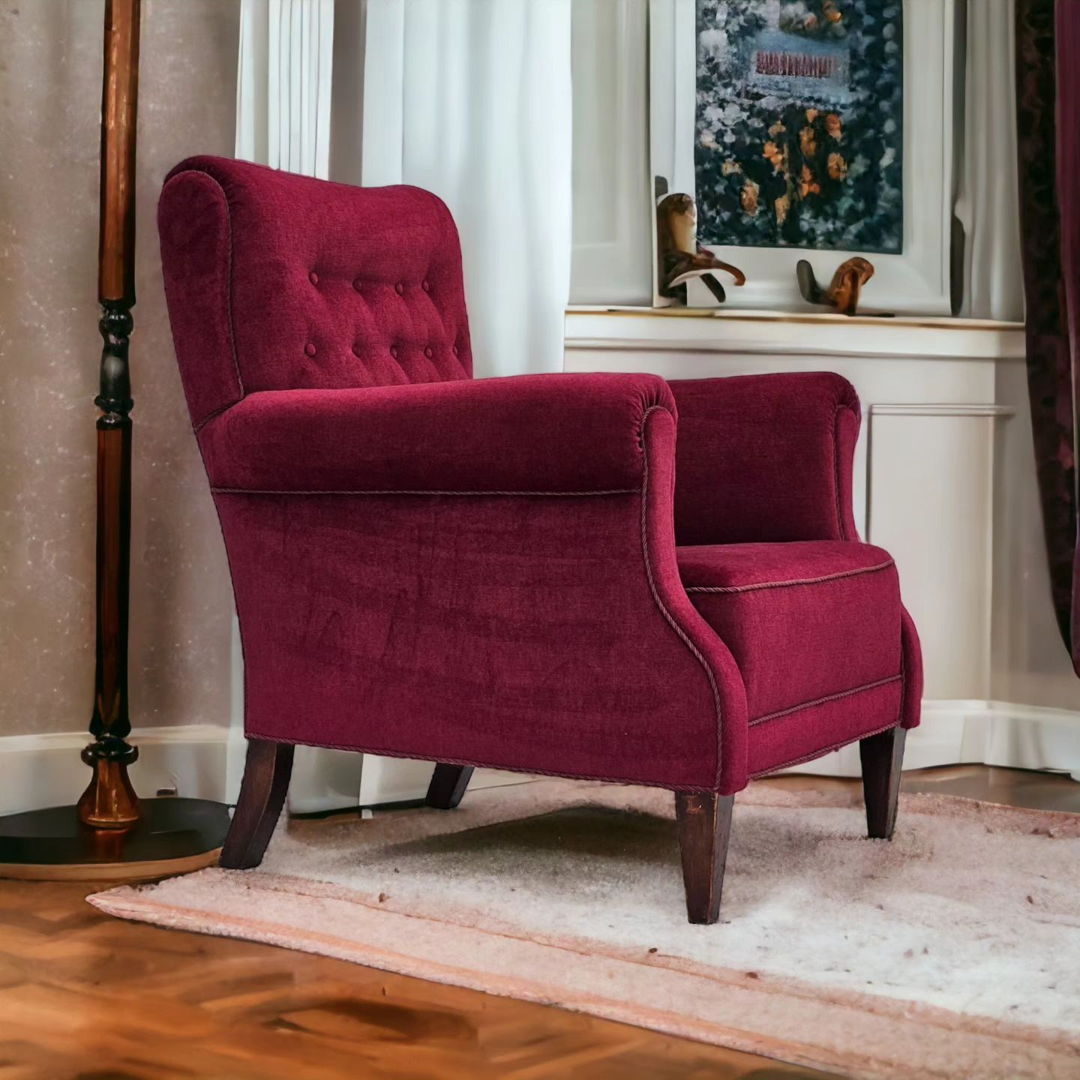 1950s, Danish vintage armchair in cherry-red velvet, original condition.