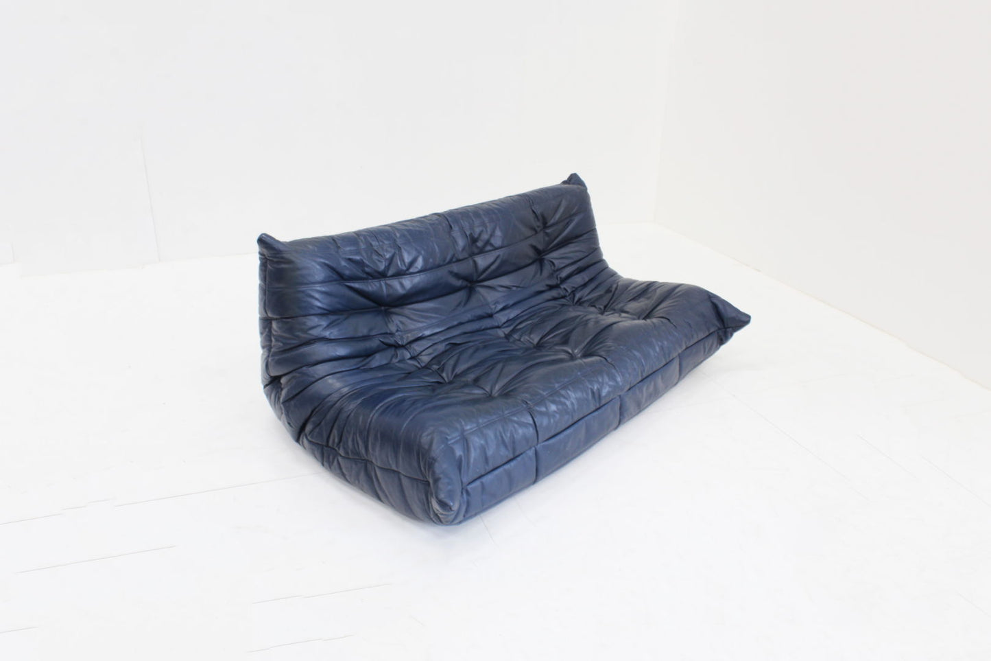 Original Vintage Togo ligne Roset 3 seater sofa in blue leather by Michel Ducaro