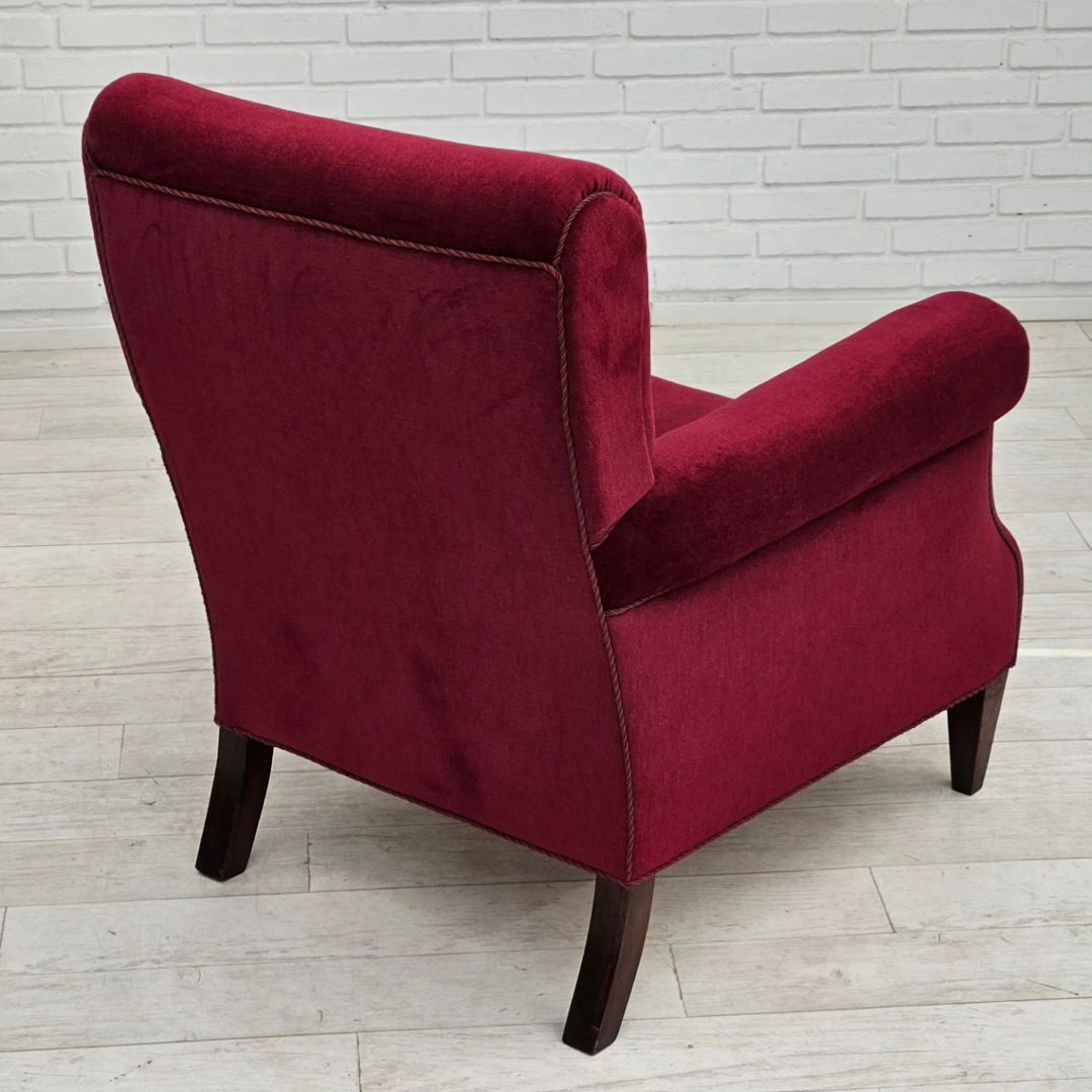 1950s, Danish vintage armchair in cherry-red velvet, original condition.