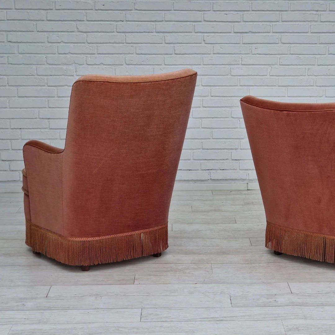 1970s, Danish set of two velour armchairs, original condition, beech wood.