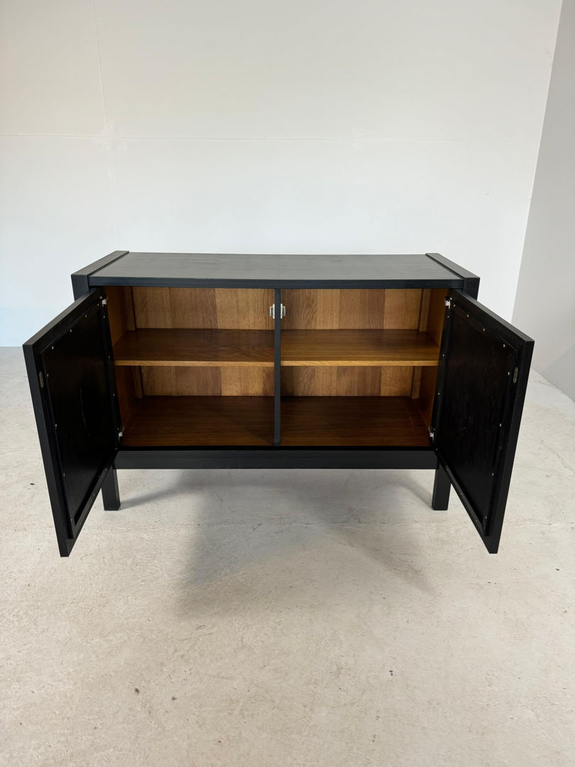 Mid-Century black cabinet with graphical brutalist doors by Defour, Belgium