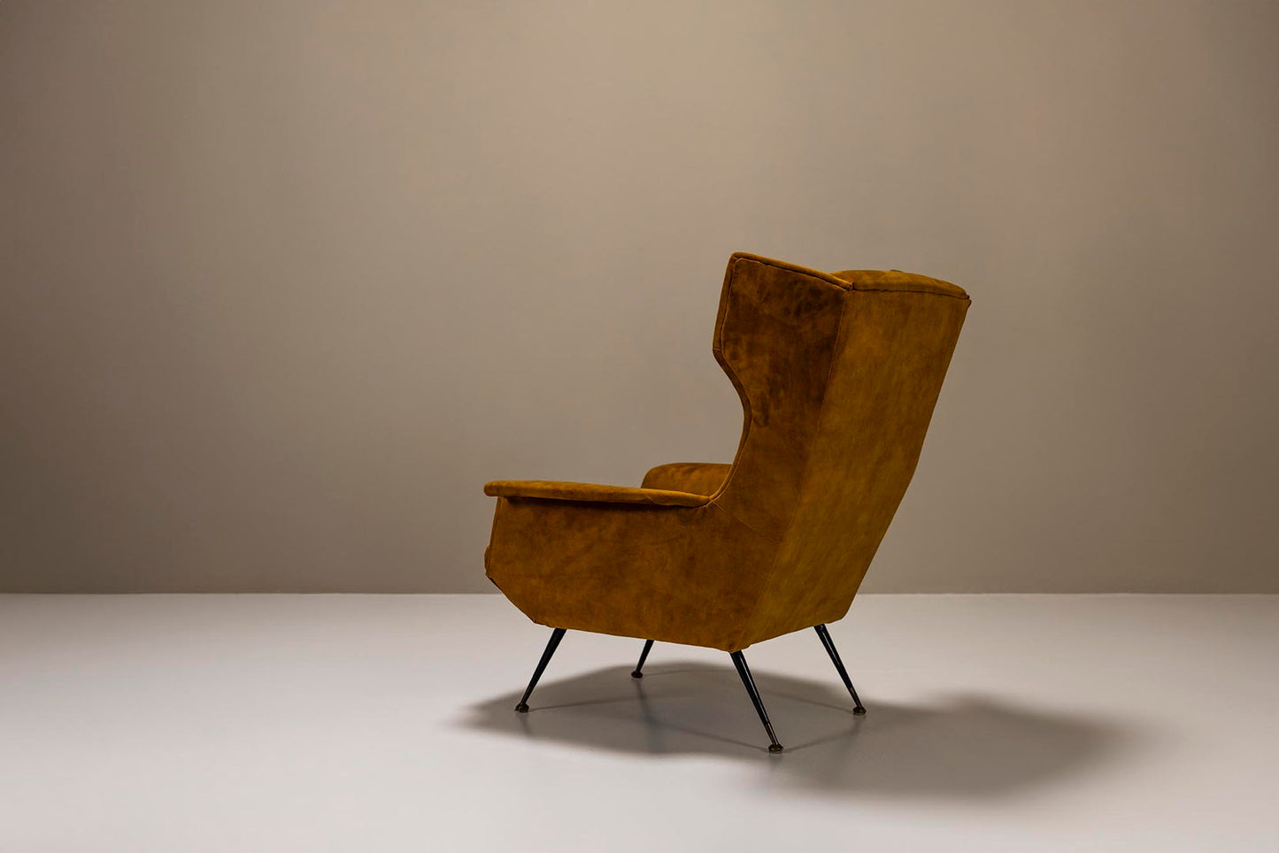 Italian Wingback Lounge Chair In Ocher And Metal, Italy 1950's