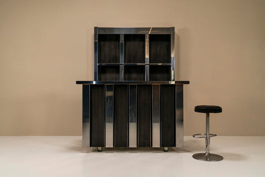 Hollywood Regency Bar In Aluminum And Black Suede In The Style Of Willy Rizzo, Italy 1970s