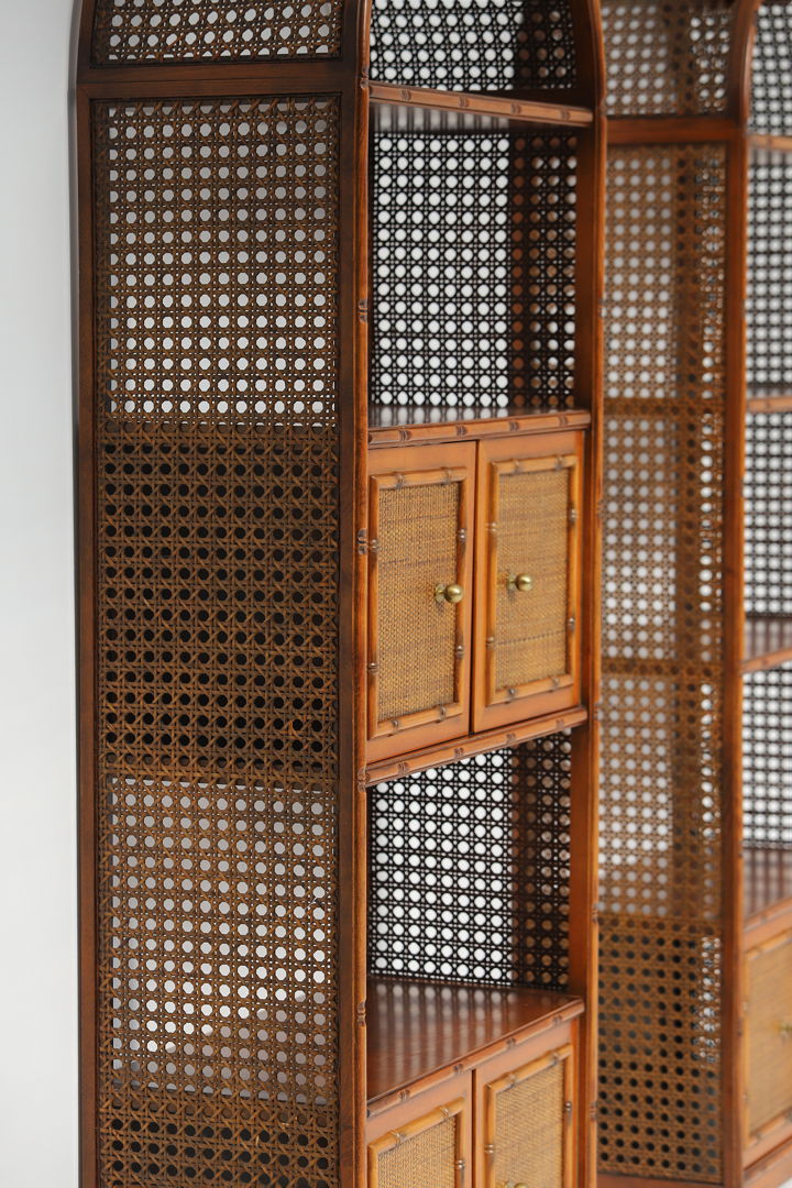 Pair of bohemian rattan bookcases with arch top and brass details 1970