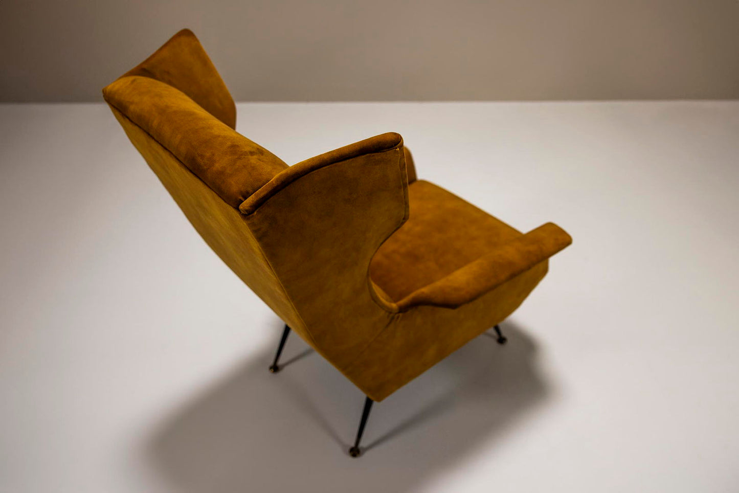 Italian Wingback Lounge Chair In Ocher And Metal, Italy 1950's