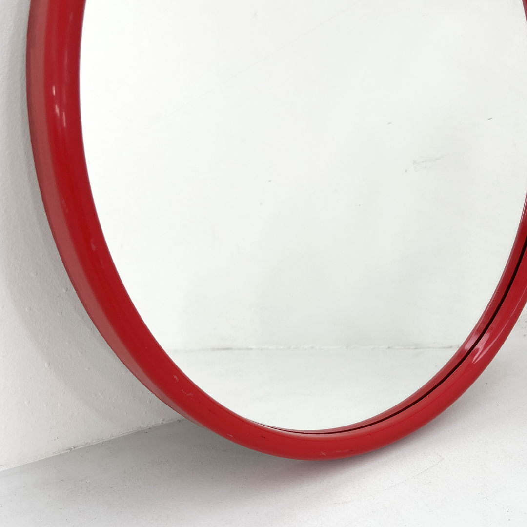 Round Red Frame Mirror in Plastic, 1970s