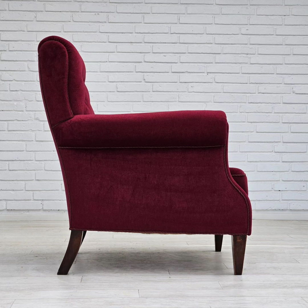 1950s, Danish vintage armchair in cherry-red velvet, original condition.