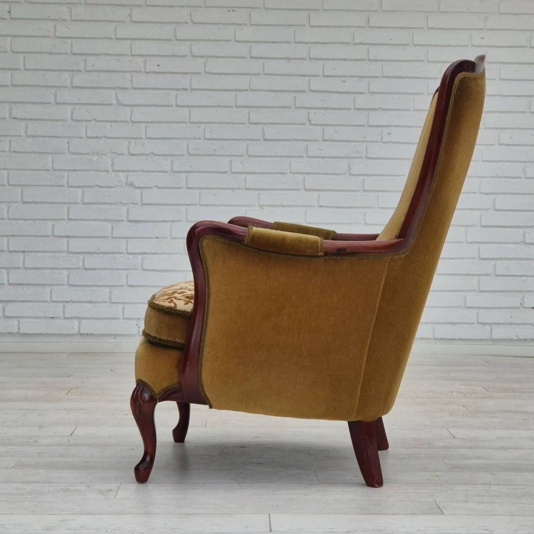 1950s, Danish highback armchair, original upholstery, green velour.