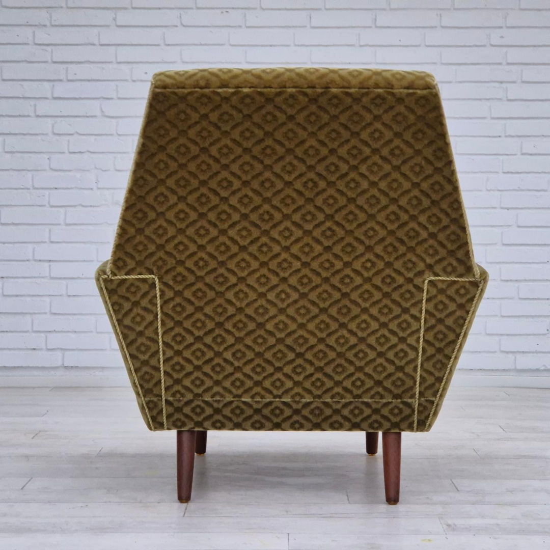 1970s, Danish highback armchair by Georg Thams, original upholstery, green velour, teak wood.