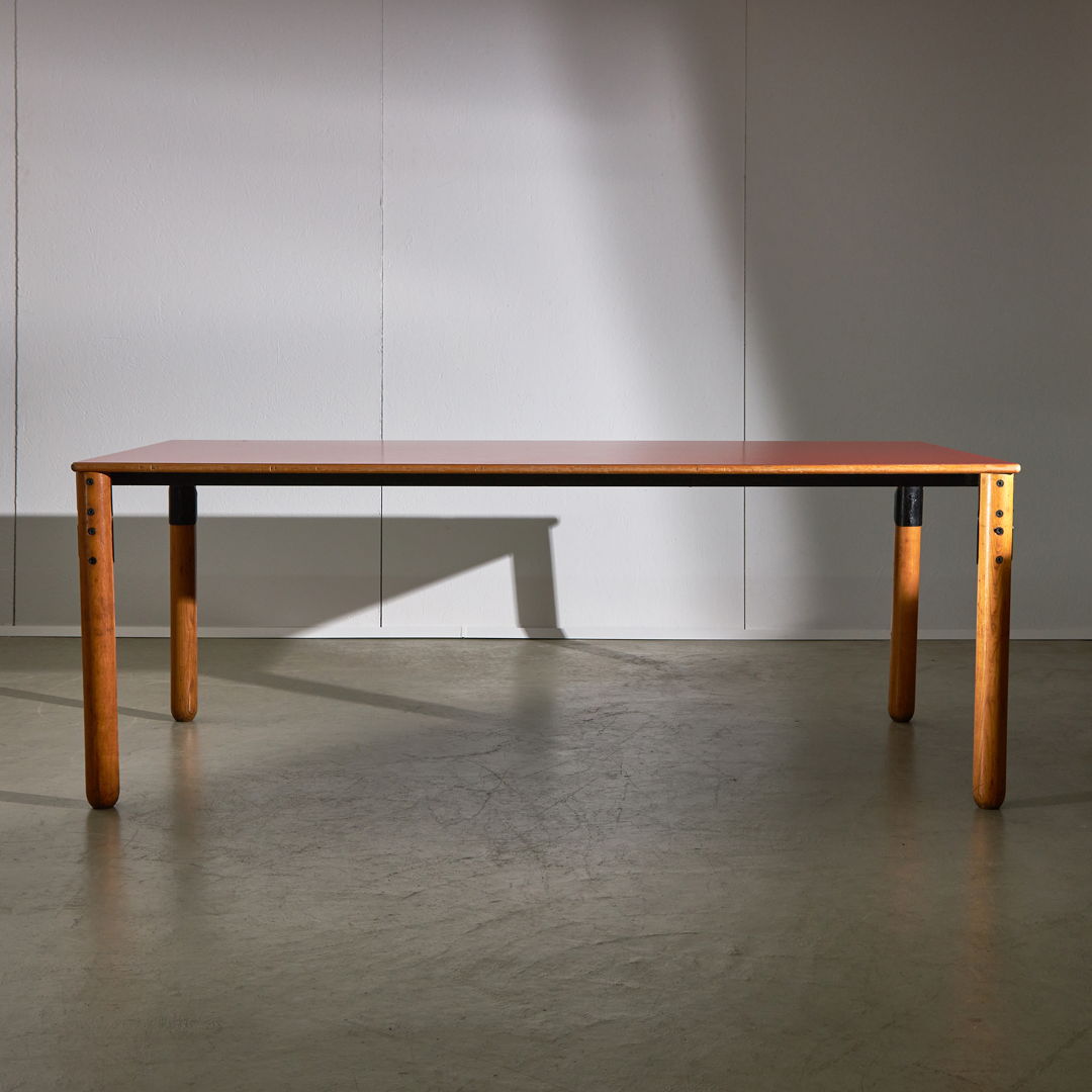 Large Wooden Table with Matte Colour Top and Metal Elements