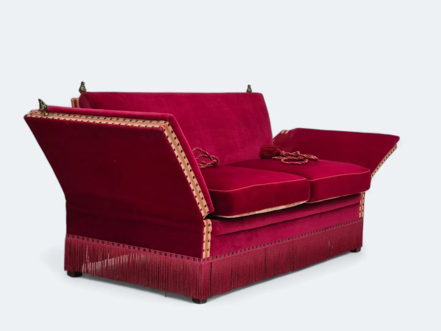 1970s, Danish velour 2 seater drop arm sofa, cherry-red velour, original condition.