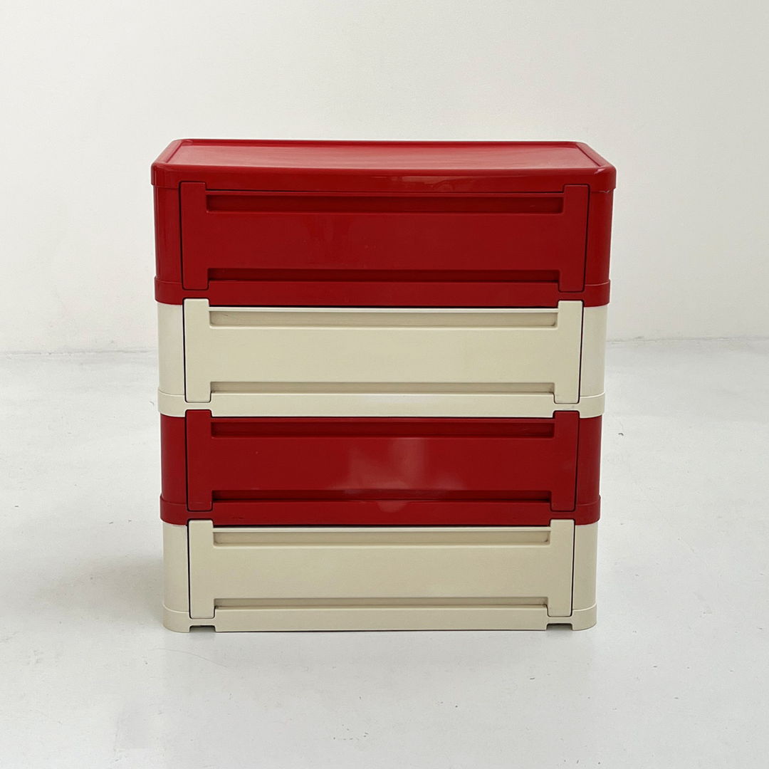 Red/White Chest of 4 Drawers Model “4964” by Olaf Von Bohr for Kartell, 1970s