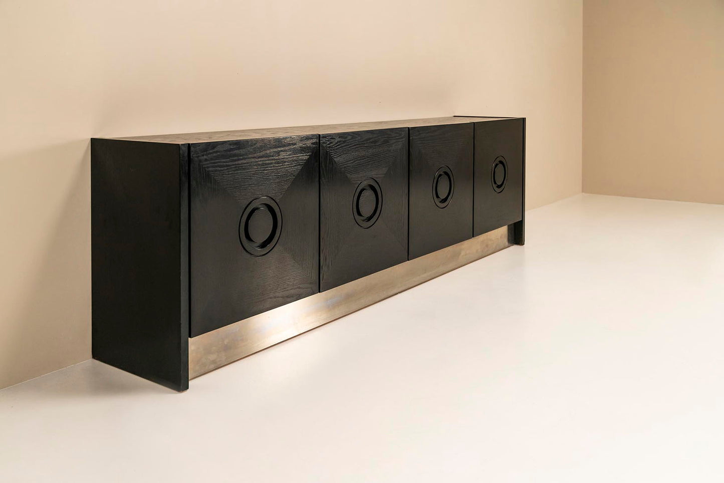 Brutalist Sideboard In Black Stained Oak And Brushed Steel, Belgium 1970s.