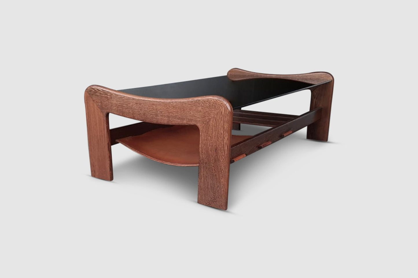 Wengé, leather and glass coffee table in the manner of Percival Lafer 1970s