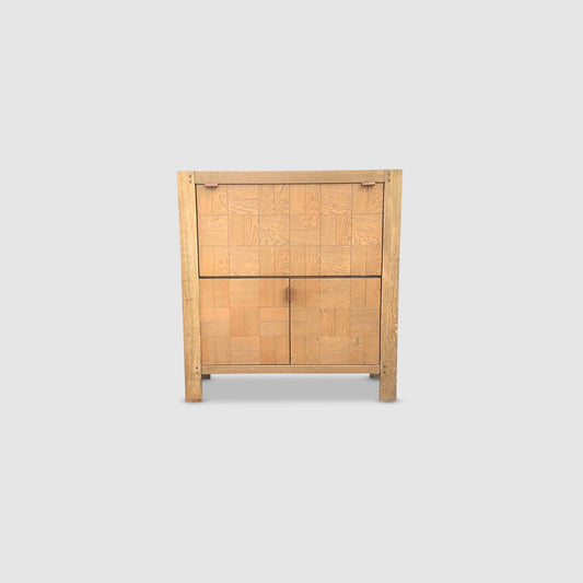 Brutalist graphical oak highboard with bar cabinet Belgium 1970s